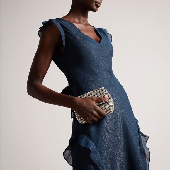 NWOT Ted Baker Laurae Bias Cut Ruffle Gown in Midnight Blue Shimmer - Picture 3 of 12
